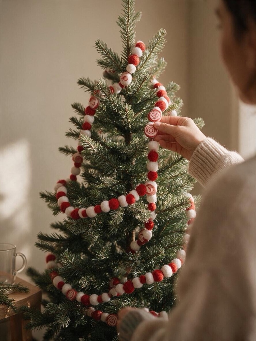 2-Hobby Lobby Red & White Felt Ball Peppermint Candy Christmas Tree Garland EUC